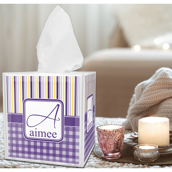 Purple Gingham & Stripe Tissue Box - LIFESTYLE