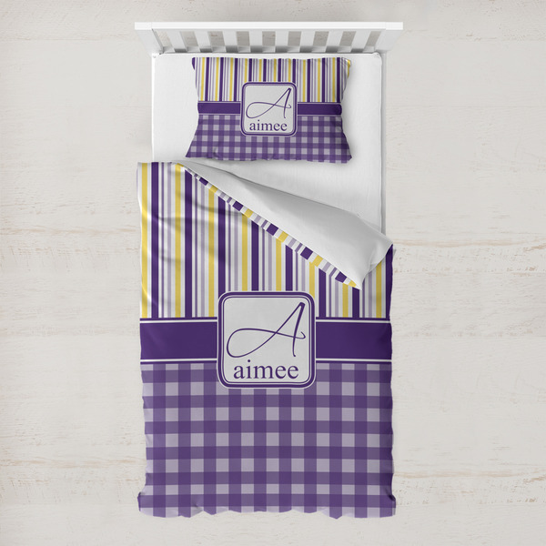 Custom Purple Gingham & Stripe Toddler Bedding Set - With Pillowcase (Personalized)