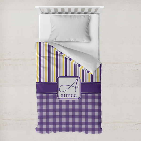 Custom Purple Gingham & Stripe Toddler Duvet Cover w/ Name and Initial