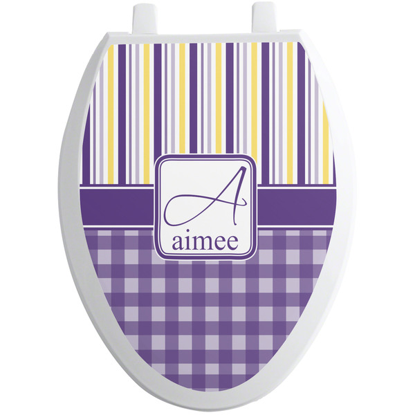 Custom Purple Gingham & Stripe Toilet Seat Decal - Elongated (Personalized)