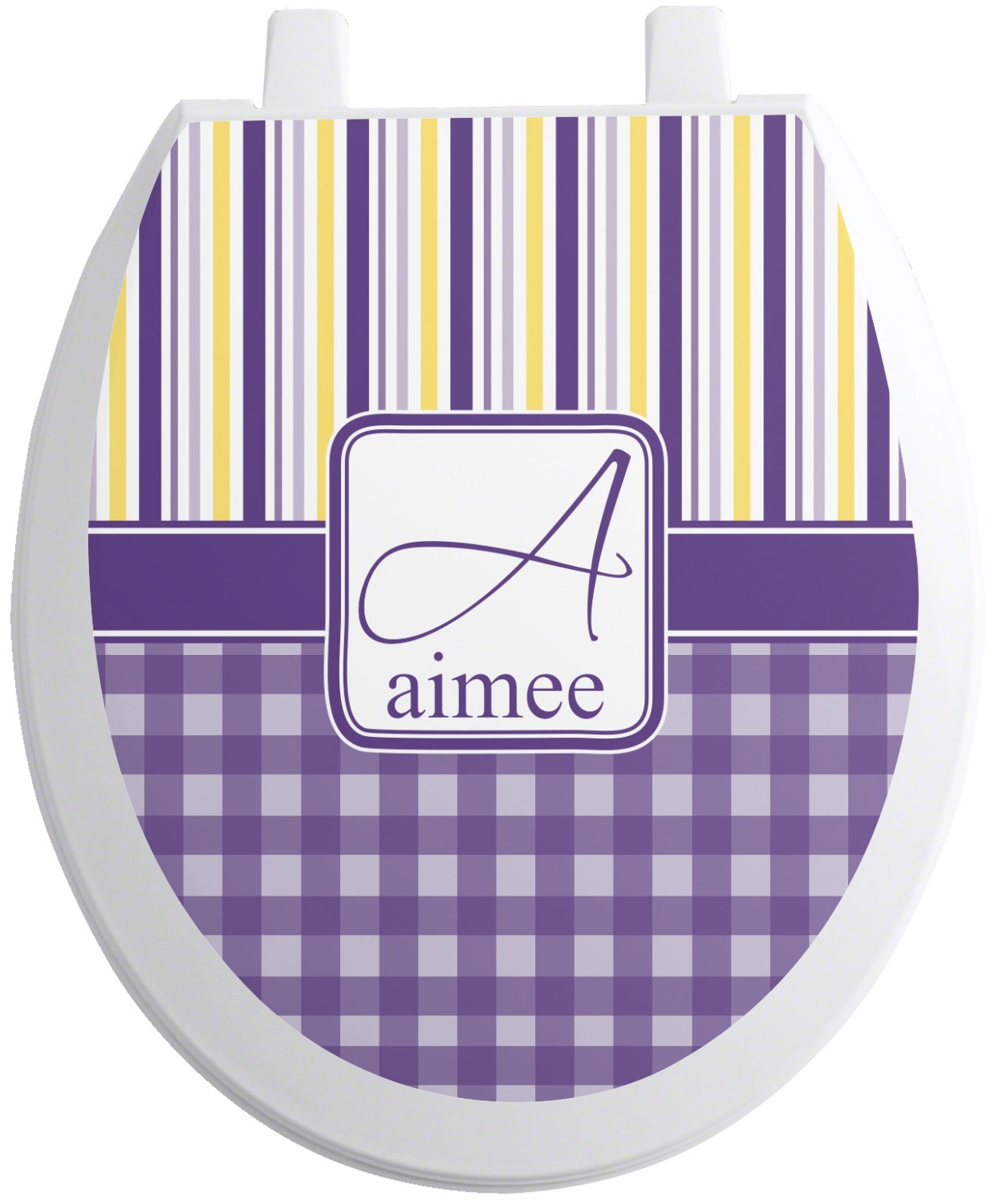 Custom Purple Gingham & Stripe Toilet Seat Decal (Personalized