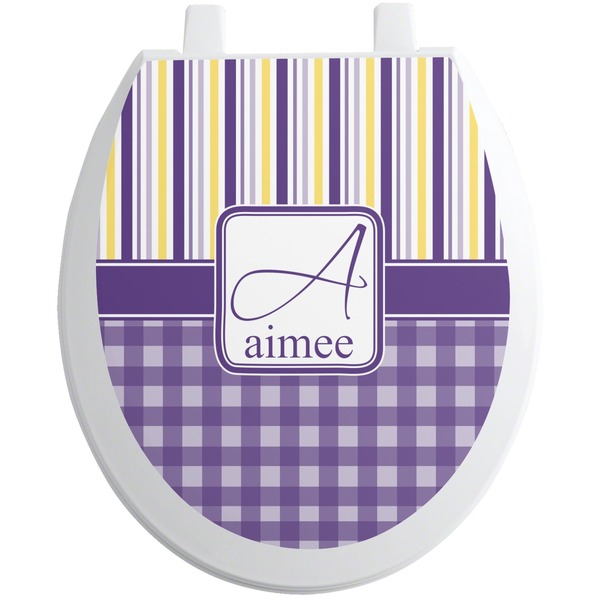 Custom Purple Gingham & Stripe Toilet Seat Decal - Round (Personalized)