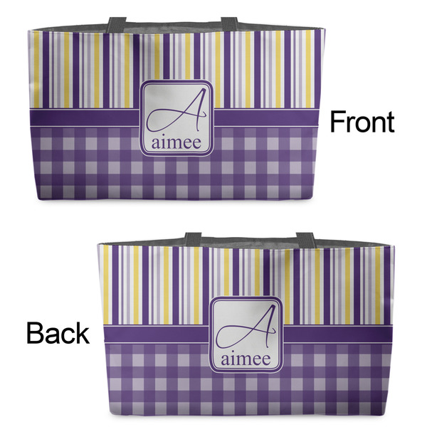 Purple Gingham & Stripe Tote w/Black Handles - Front & Back Views