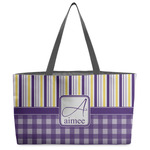 Purple Gingham & Stripe Beach Totes Bag - w/ Black Handles (Personalized)