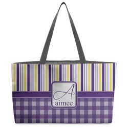 Purple Gingham & Stripe Beach Totes Bag - w/ Black Handles (Personalized)