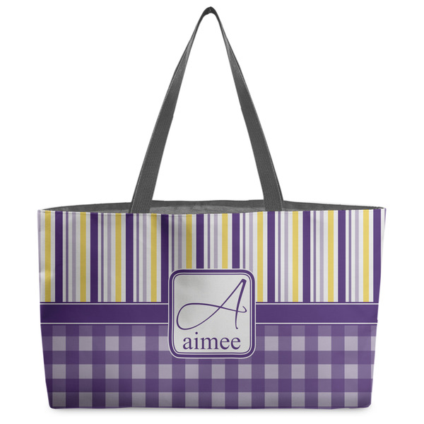 Custom Purple Gingham & Stripe Beach Totes Bag - w/ Black Handles (Personalized)