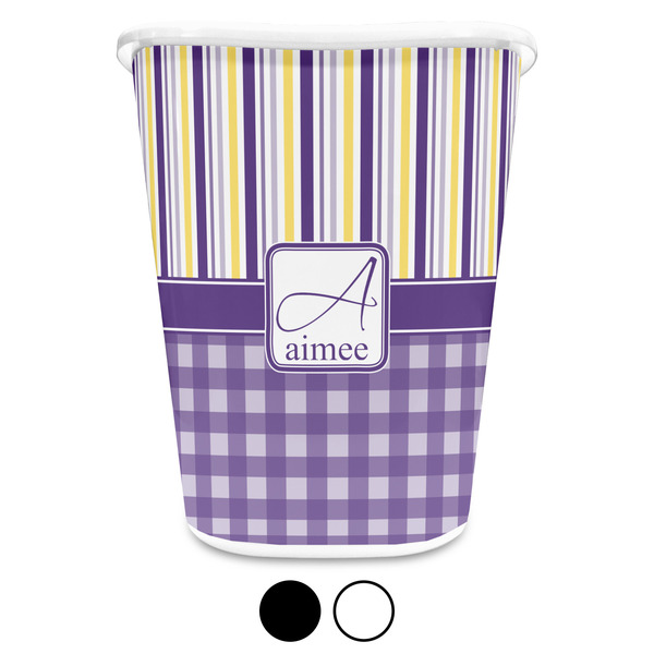 Purple Gingham & Stripe Custom Waste Basket