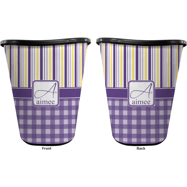 Purple Gingham & Stripe Trash Can Black - Front and Back - Apvl