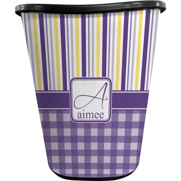 Custom Purple Gingham & Stripe Waste Basket - Double Sided (Black) (Personalized)