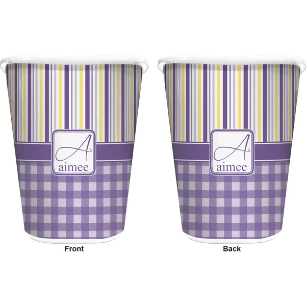 Purple Gingham & Stripe Trash Can White - Front and Back - Apvl