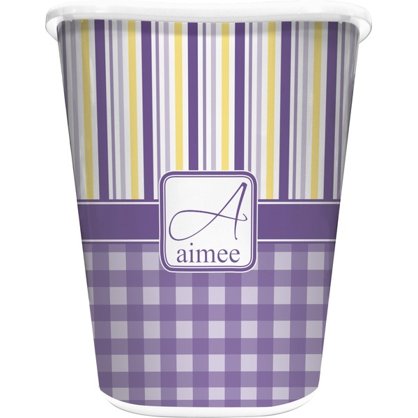 Custom Purple Gingham & Stripe Waste Basket - Single Sided (White) (Personalized)
