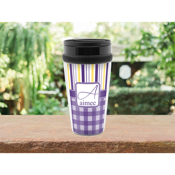 Purple Gingham & Stripe Travel Mug Lifestyle (Personalized)