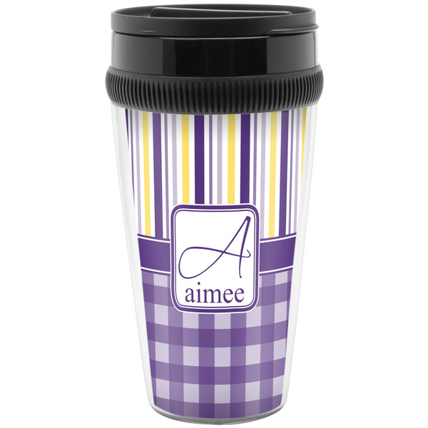 Custom Purple Gingham & Stripe Acrylic Travel Mug without Handle (Personalized)