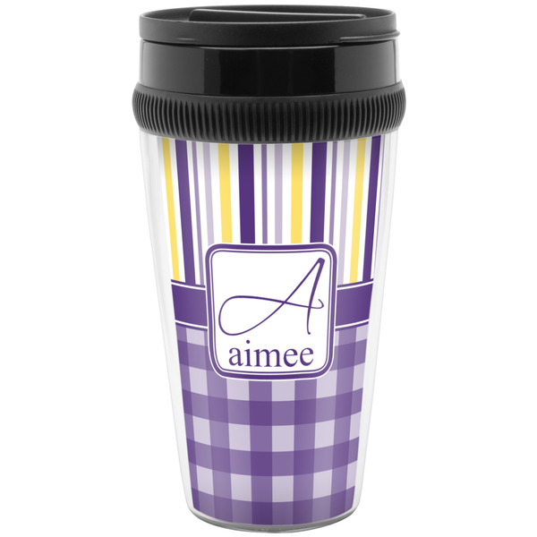 Custom Purple Gingham & Stripe Acrylic Travel Mug without Handle (Personalized)