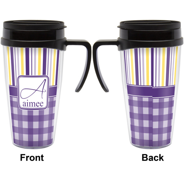 Purple Gingham & Stripe Travel Mug with Black Handle - Approval