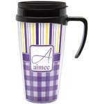 Purple Gingham & Stripe Acrylic Travel Mug with Handle (Personalized)
