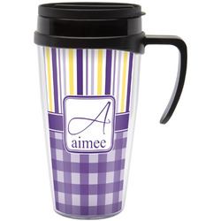 Purple Gingham & Stripe Acrylic Travel Mug with Handle (Personalized)