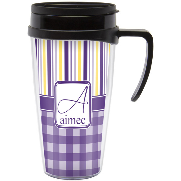Custom Purple Gingham & Stripe Acrylic Travel Mug with Handle (Personalized)