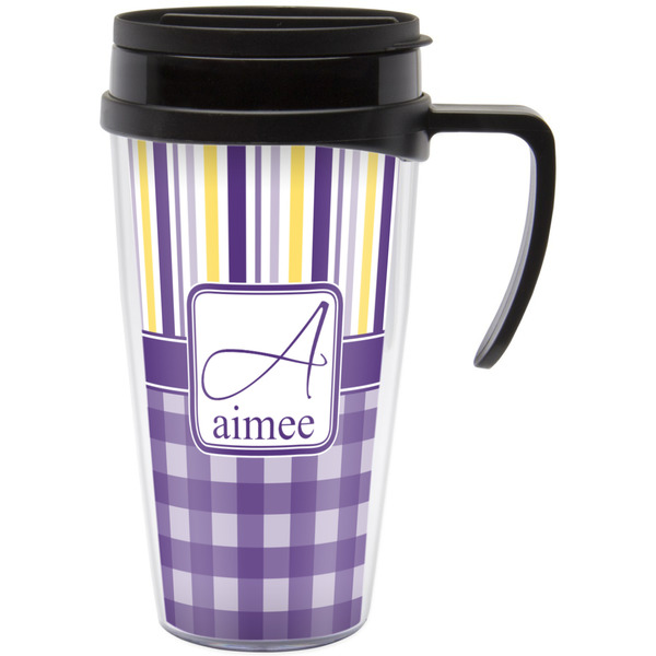 Custom Purple Gingham & Stripe Acrylic Travel Mug with Handle (Personalized)