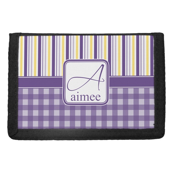 Custom Purple Gingham & Stripe Trifold Wallet (Personalized)