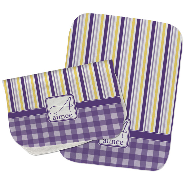 Custom Purple Gingham & Stripe Burp Cloths - Fleece - Set of 2 w/ Name and Initial