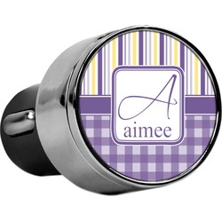 Purple Gingham & Stripe USB Car Charger (Personalized)