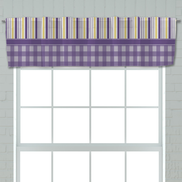 Purple Gingham & Stripe Valance - Closeup on window