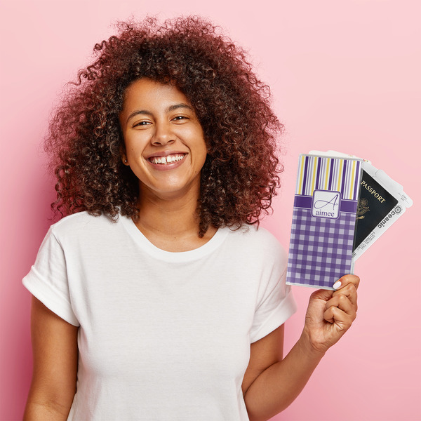 Purple Gingham & Stripe Vinyl Document Holder - LIFESTYLE
