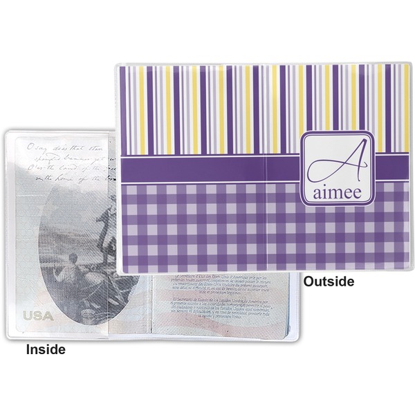 Purple Gingham & Stripe Vinyl Passport Holder - Flat Front and Back