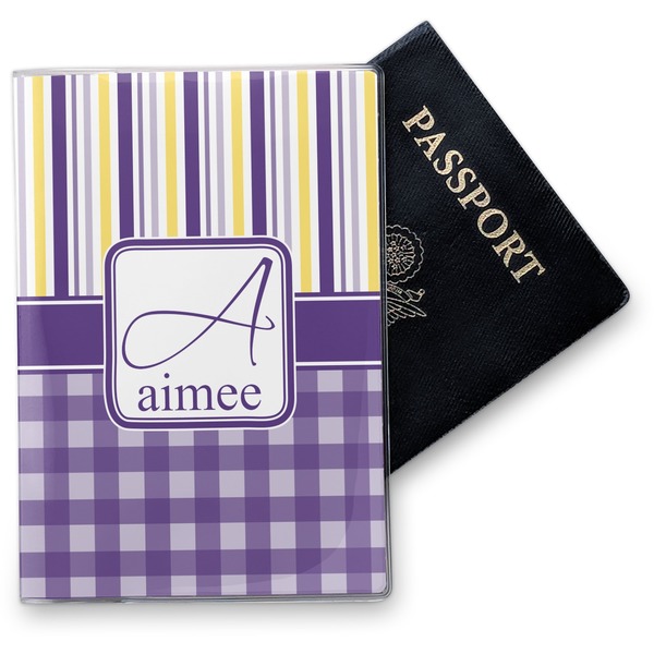 Custom Purple Gingham & Stripe Vinyl Passport Holder (Personalized)