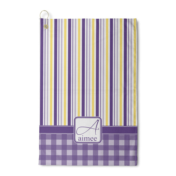 Custom Purple Gingham & Stripe Waffle Weave Golf Towel (Personalized)