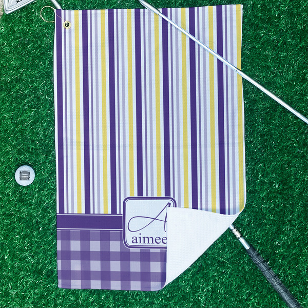 Purple Gingham & Stripe Waffle Weave Golf Towel - In Context