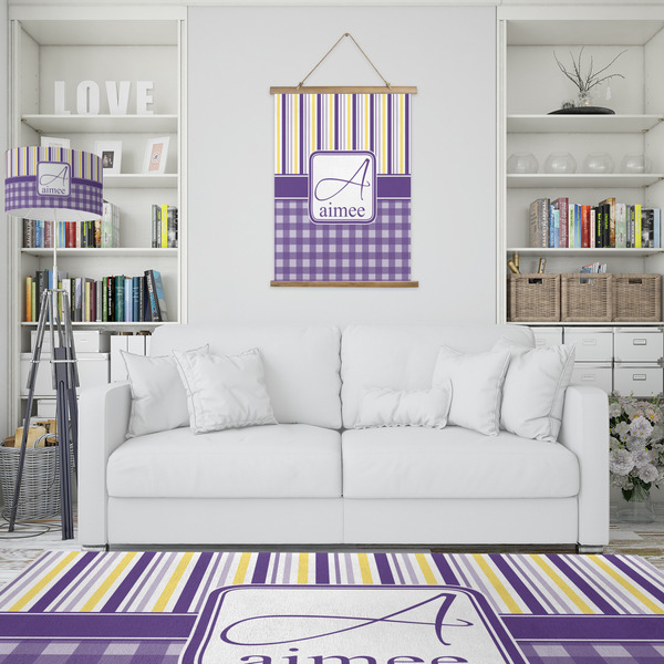 Purple Gingham & Stripe Wall Hanging Tapestry - Portrait - IN CONTEXT