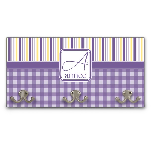 Custom Purple Gingham & Stripe Wall Mounted Coat Rack (Personalized)