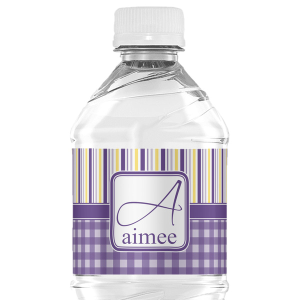 Custom Purple Gingham & Stripe Water Bottle Labels - Custom Sized (Personalized)