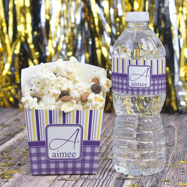 Purple Gingham & Stripe Water Bottle Label - w/ Favor Box