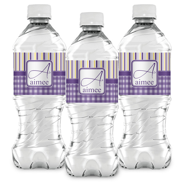 Purple Gingham & Stripe Water Bottle Labels - Front View