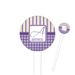 Purple Gingham & Stripe 4" Round Plastic Food Picks - White - Single Sided (Personalized)