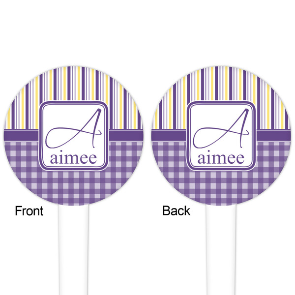 Purple Gingham & Stripe White Plastic 4" Food Pick - Round - Double Sided - Front & Back