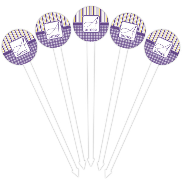 Purple Gingham & Stripe White Plastic 4" Food Pick - Round - Fan View