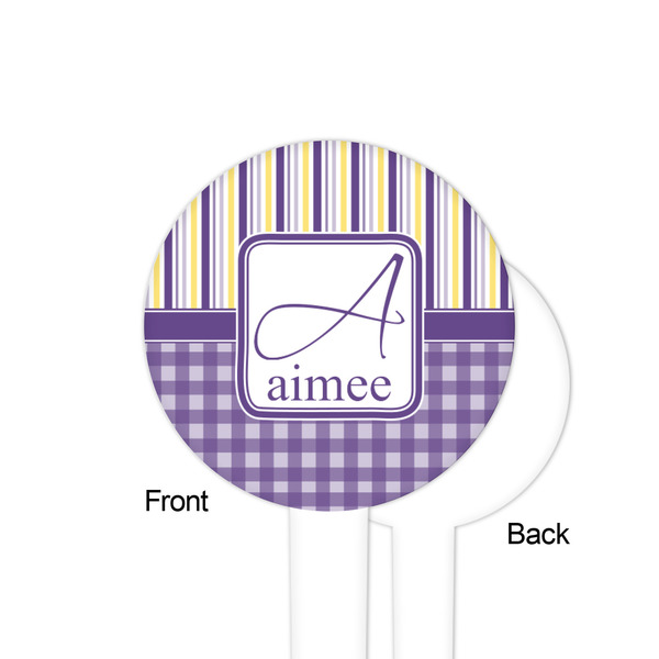 Purple Gingham & Stripe White Plastic 4" Food Pick - Round - Single Sided - Front & Back