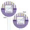 Purple Gingham & Stripe White Plastic 5.5" Stir Stick - Double Sided - Round - Front & Back
