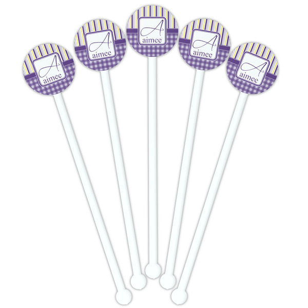 Purple Gingham & Stripe White Plastic 5.5" Stir Stick - Fan View