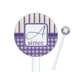 Purple Gingham & Stripe 5.5" Round Plastic Stir Sticks - White - Single Sided (Personalized)