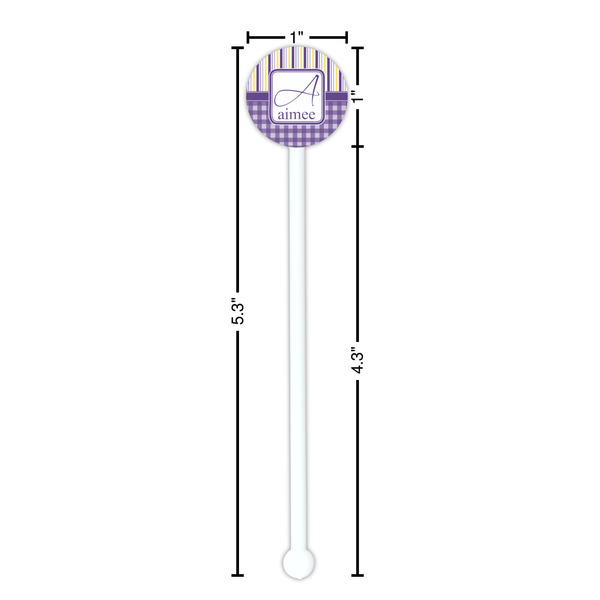 Purple Gingham & Stripe White Plastic 5.5" Stir Stick - Round - Dimensions