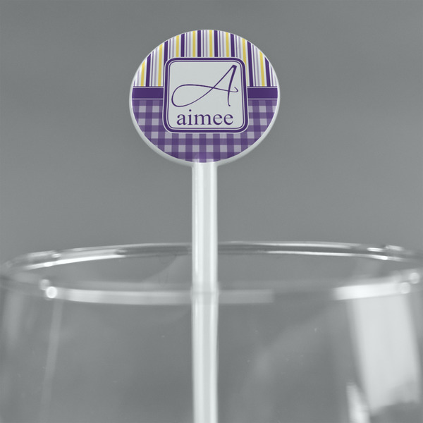 Purple Gingham & Stripe White Plastic 5.5" Stir Stick - Round - Main