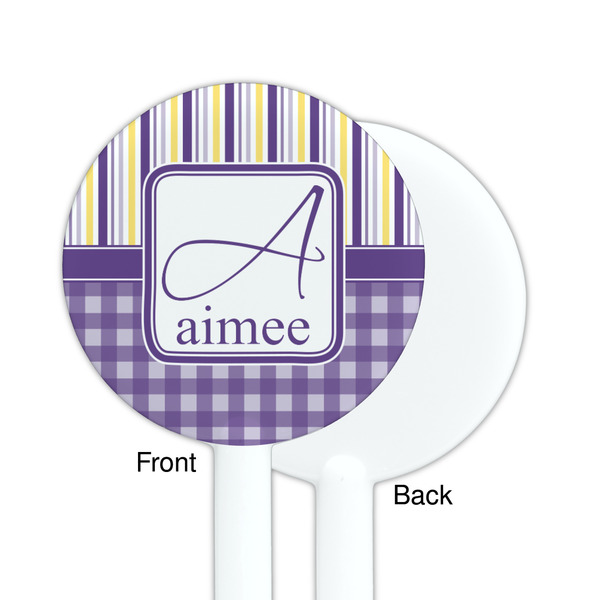 Purple Gingham & Stripe White Plastic 5.5" Stir Stick - Single Sided - Round - Front & Back