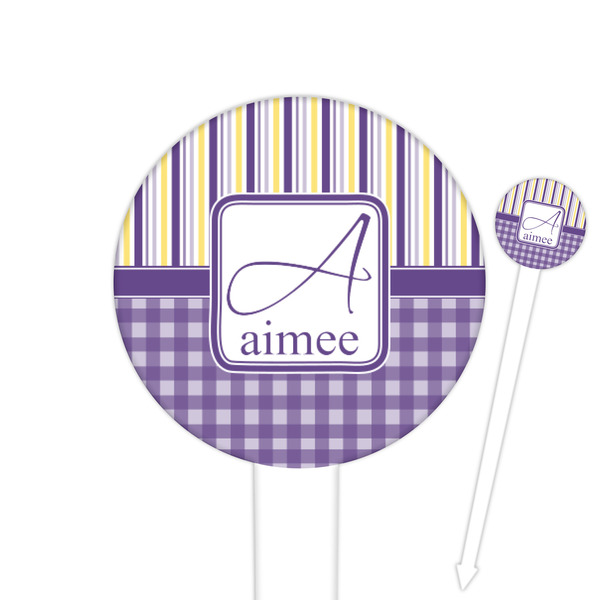 Custom Purple Gingham & Stripe 6" Round Plastic Food Picks - White - Single Sided (Personalized)
