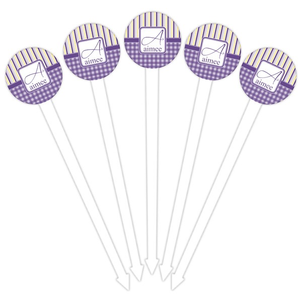 Purple Gingham & Stripe White Plastic 6" Food Pick - Round - Fan View