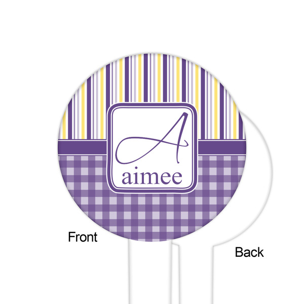 Purple Gingham & Stripe White Plastic 6" Food Pick - Round - Single Sided - Front & Back